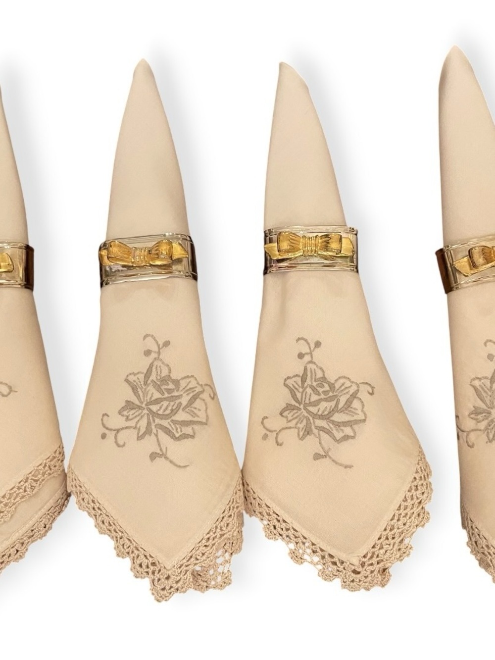 Vintage 12 Piece Table Set 6 Silver/Gold Bow Napkin Rings & 6 Embroidered Napkin